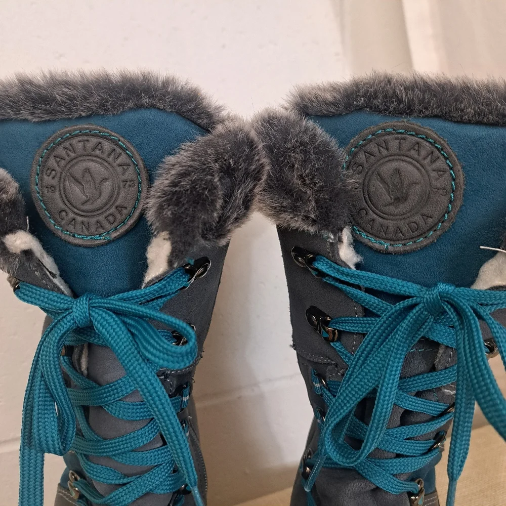 Santana Canada Marinda Grey Turquoise Tall Leather Lace Up Winter Boots 10